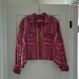 Free People Pink Striped Jean Jacket